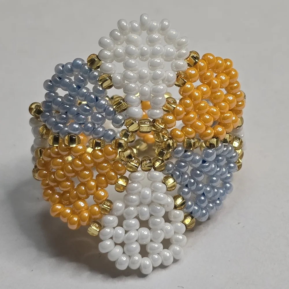 Handmade Yellow Blue‎ White Beaded Flower Ring New Size 11